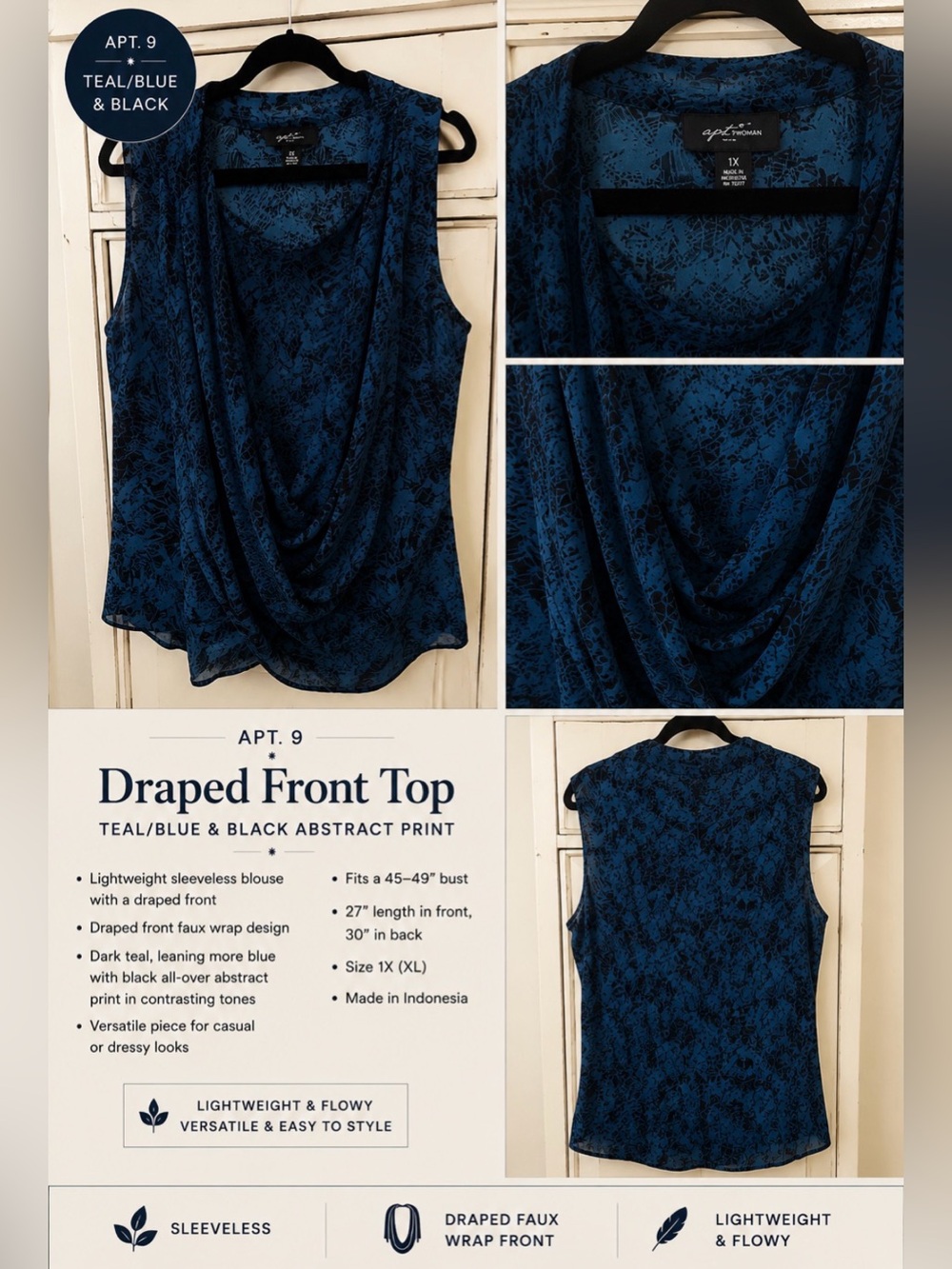 Apt. 9 Teal/Blue and Black Printed Drape-Front faux wrap Sleeveless Top